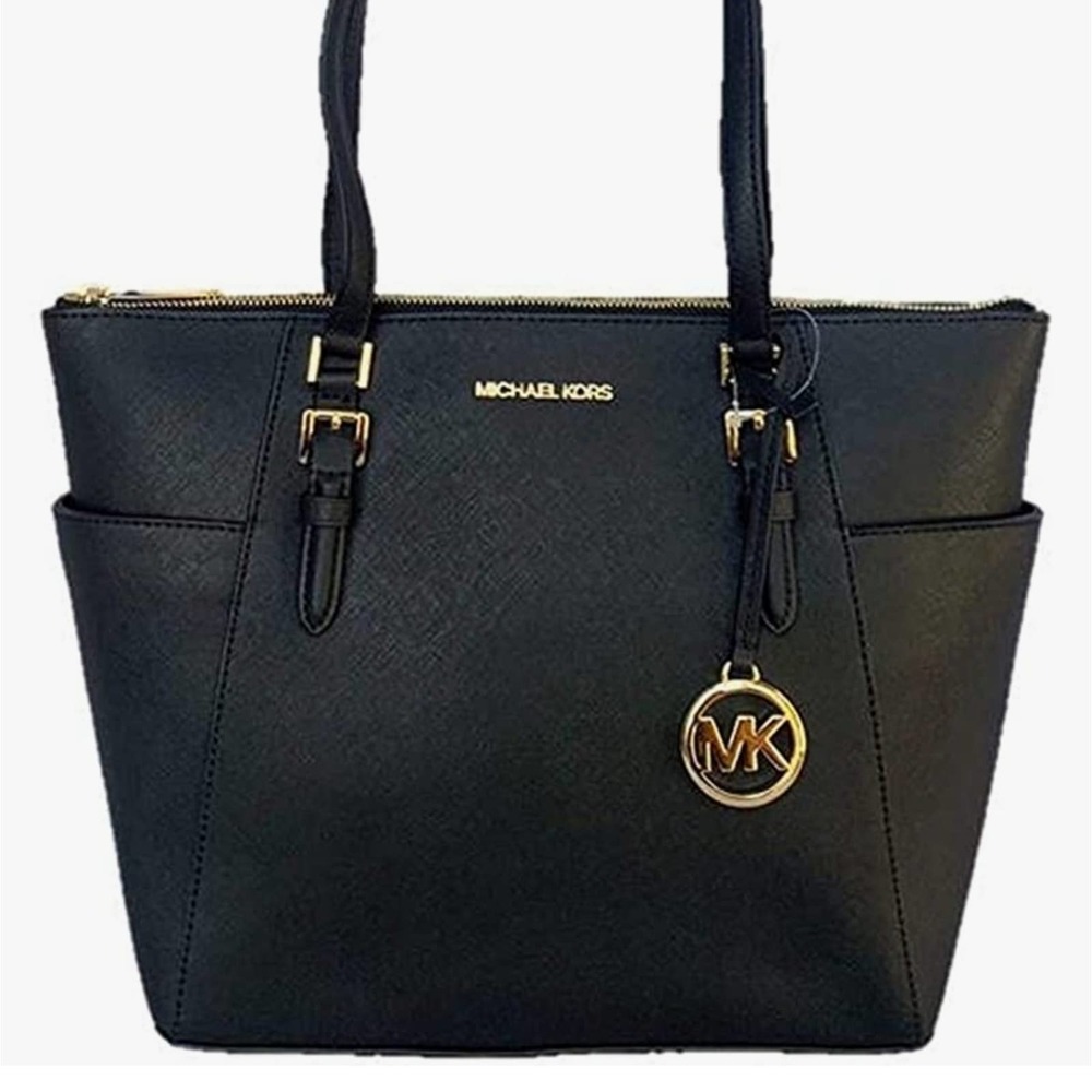 Michael Kors Charlotte Large Black Leather Tote Bag Zip Closure Gold Hardware
